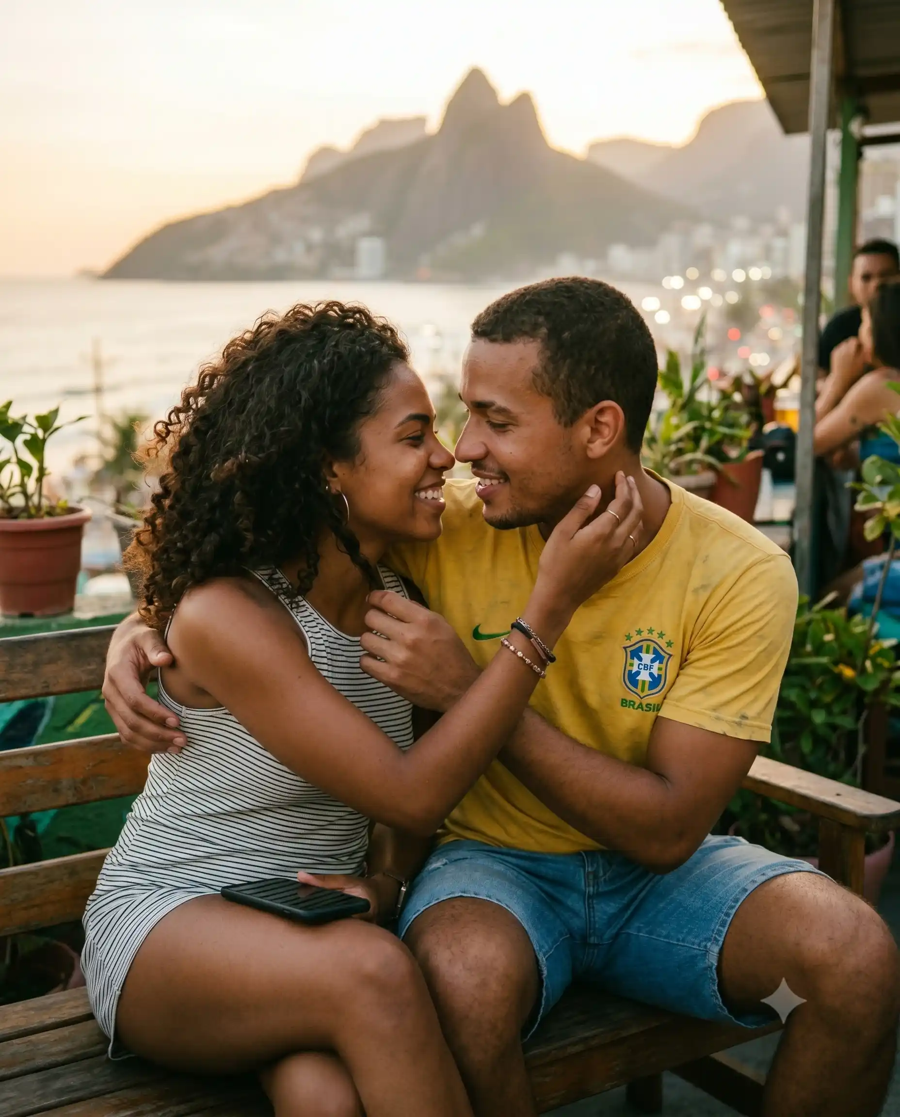 Casal brasileiro paquerando pelo celular — encontros e namoro online no Brasil