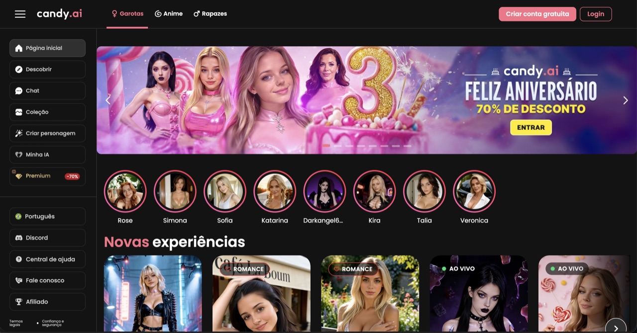 Candy.ai: tela inicial com galeria de namoradas de IA